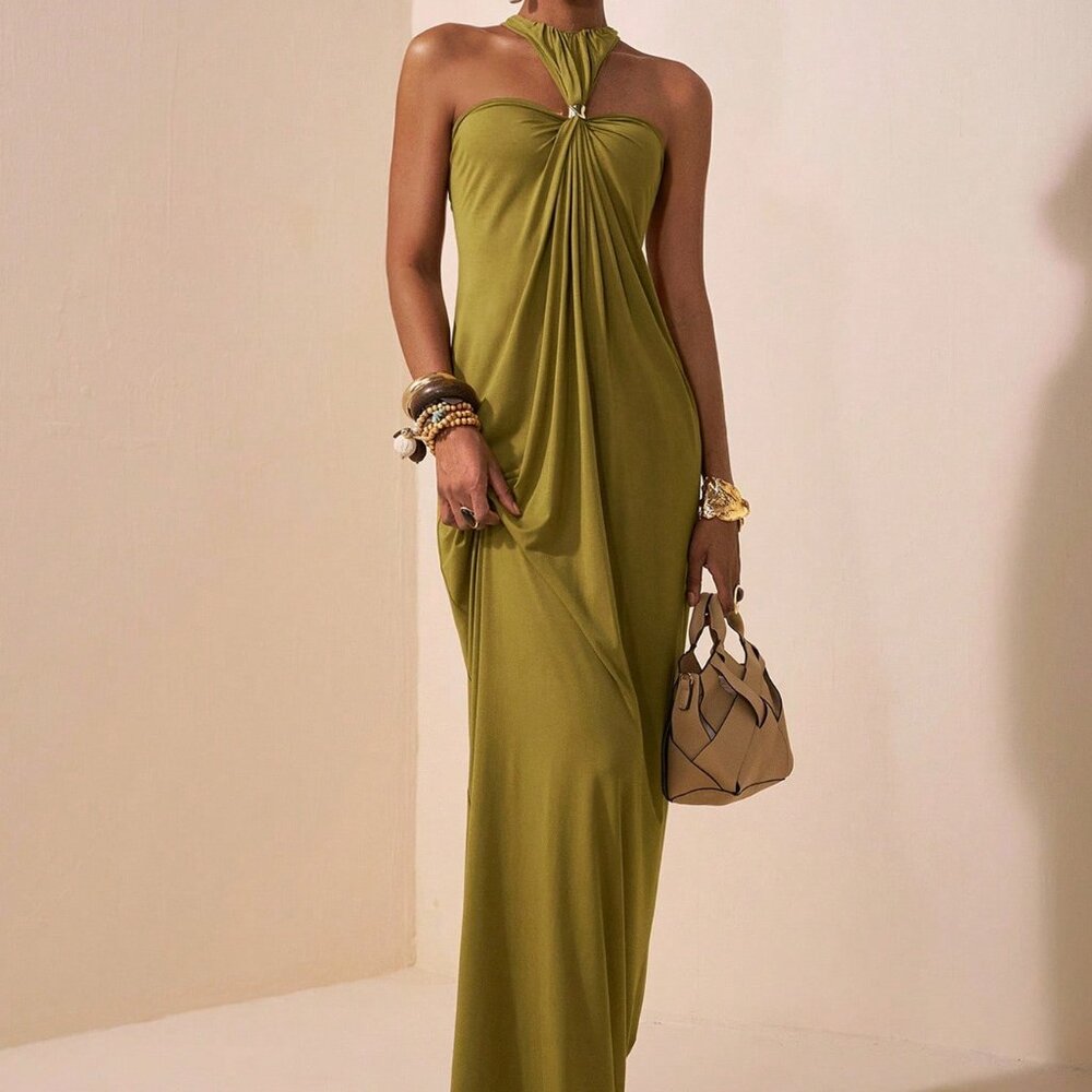 Army Green Casual Maxi Backless Evening Dress - Picture 5 of 8